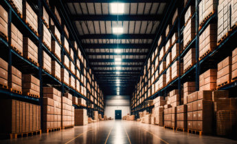 a warehouse with boxes stacked on shelves